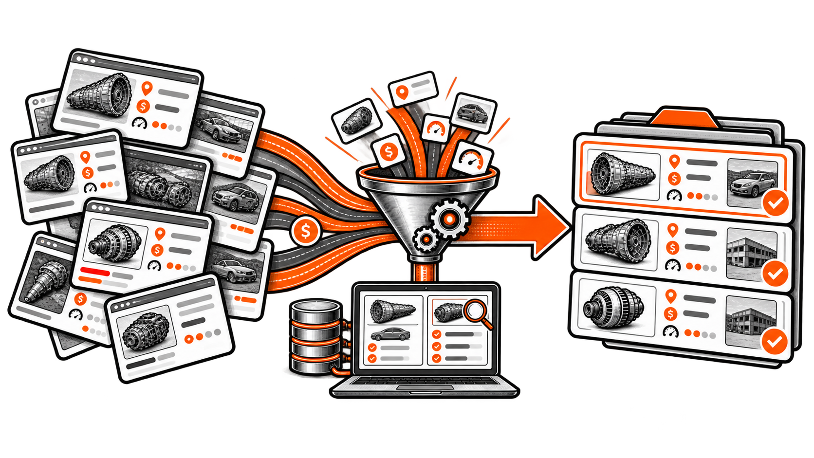 Fragmented supplier listings narrowed into an organized set of supplier matches